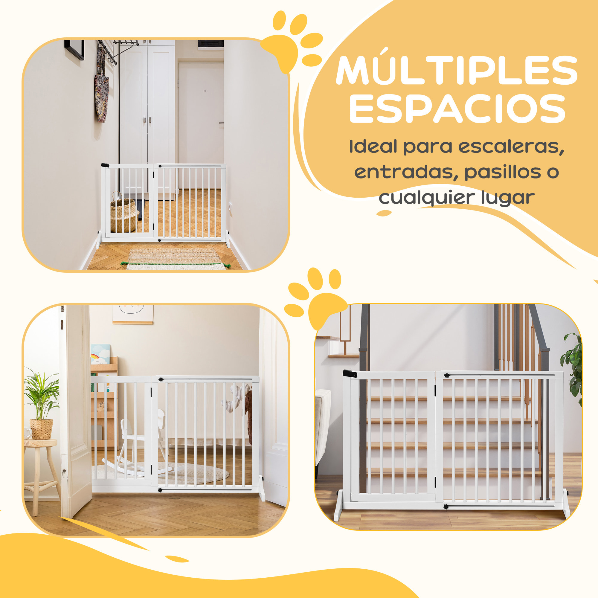 Barrera de Seguridad para Perros Extensible 113-166 cm Rejilla de Protección para Escaleras y Puertas 3 Piezas con Marco de Madera 113-166x36x71 cm Blanco