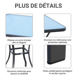 Table carrée bistro de jardin dim. 68L x 68l x 84H cm métal époxy gris plateau verre trempé granité