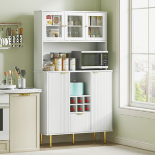 Alacena de Cocina Mueble Auxiliar de Cocina Aparador Alto con 3 Puertas de Vidrio Botellero Cajón Estantes Ajustables y Compartimentos Abiertos 100x40x180 cm Blanco