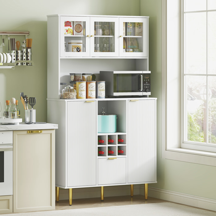 Alacena de Cocina Mueble Auxiliar de Cocina Aparador Alto con 3 Puertas de Vidrio Botellero Cajón Estantes Ajustables y Compartimentos Abiertos 100x40x180 cm Blanco