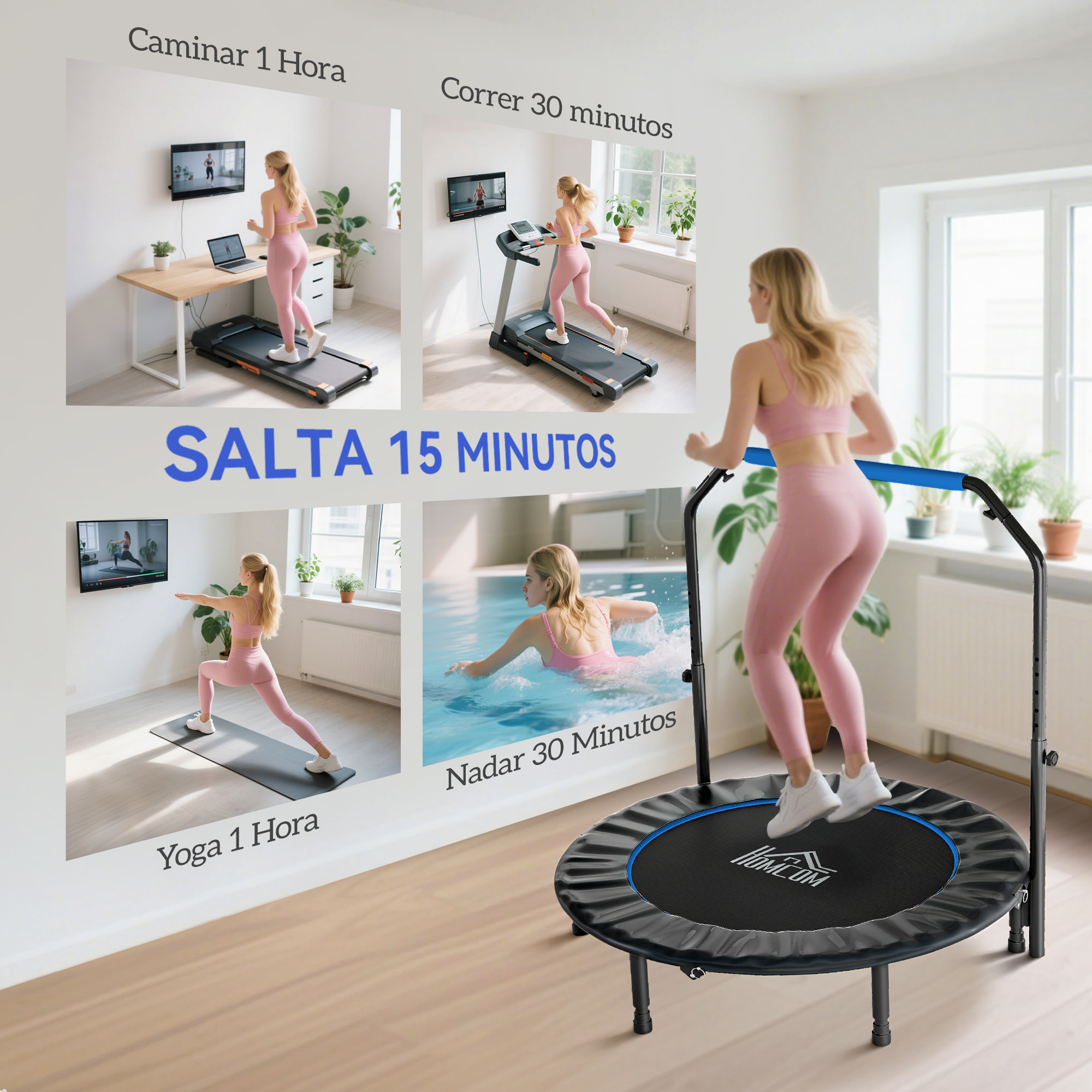 Trampolín de Fitness Adultos Ø122 cm, Cama Elástica Plegable con Mango Ajustable de 4 Niveles, Marco de Acero, para Entrenamiento Piernas, Cuerpo en Hogar, Oficina, Gimnasio, Negro y Azul