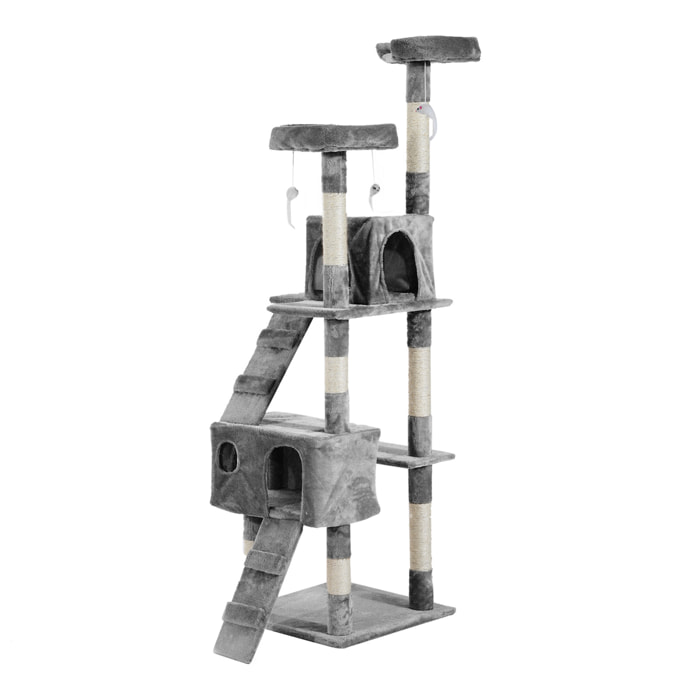 Árbol Rascador para Gatos Grande 49x49x173 cm con Múltiples Niveles con Cuevas Escaleras Juguetes Colgantes Camas Centro Actividades Sisal Gris