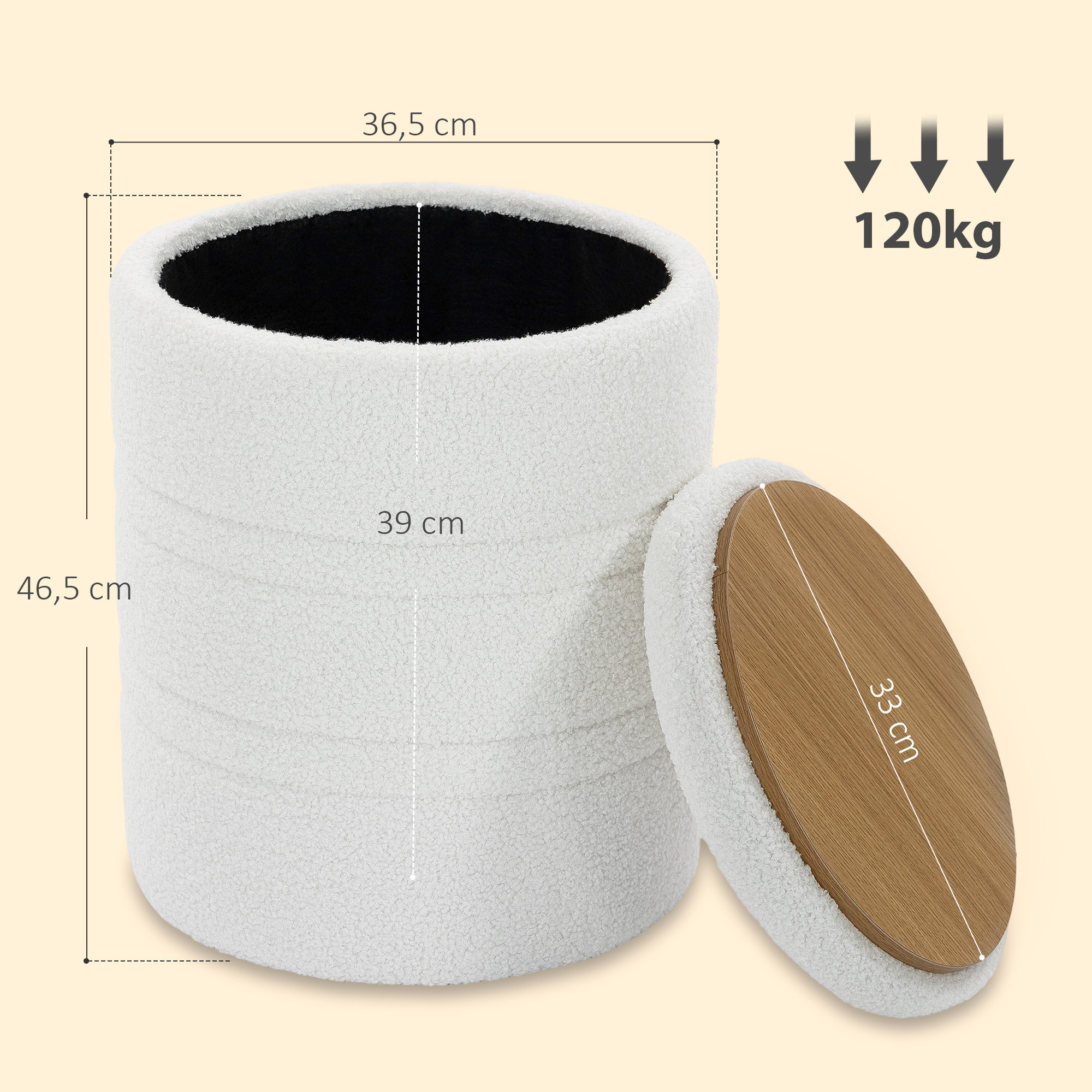 HOMCOM Puff Almacenaje, Banco Almacenaje, 33 L, Ø36,5x46,5 cm, Tapizado en Borreguito, Baúl de Almacenamiento Redondo con Tapa, Carga 120 kg, Taburete para Salón, Dormitorio o Recibidor, Blanco