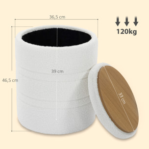 HOMCOM Puff Almacenaje, Banco Almacenaje, 33 L, Ø36,5x46,5 cm, Tapizado en Borreguito, Baúl de Almacenamiento Redondo con Tapa, Carga 120 kg, Taburete para Salón, Dormitorio o Recibidor, Blanco