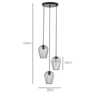 Lámpara Colgante Vintage Lámpara de Techo de Estilo Industrial 3 Portalámparas E27 Lámpara de Suspensión de Metal para Comedor Salón Ø38x133 cm Negro