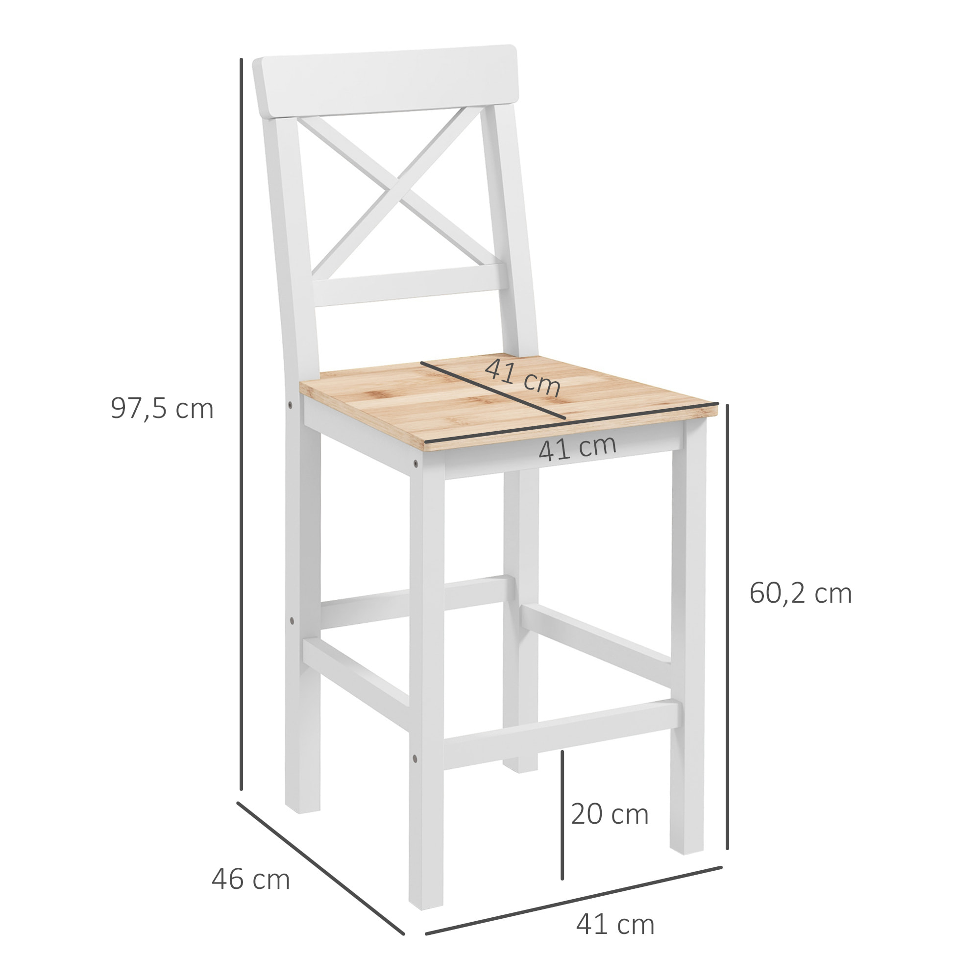 Conjunto de 2 Taburetes de Bar Altura Asiento 60,2 cm Taburetes de Cocina de Madera con Respaldo y Reposapiés Carga 120 kg para Comedor Salón Natural y Blanco