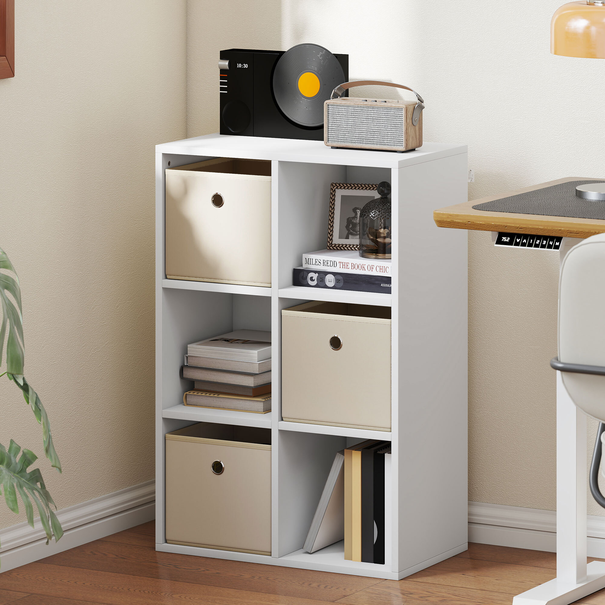 Estantería de 6 Cubos, Librería, Estantería para Libros con 3 Cajones de Tela, Horizontal o Vertical, para Salón, Dormitorio, Estudio, 53,7x30x79,8 cm, Blanco y Beige