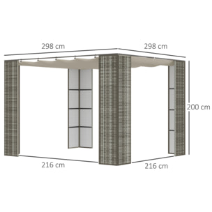 Pergola rétractable style colonial dim. 2,98L x 2,98l x 2H m métal époxy anticorrosion résine tressée grise toile polyester haute densité 180 g/m² crème