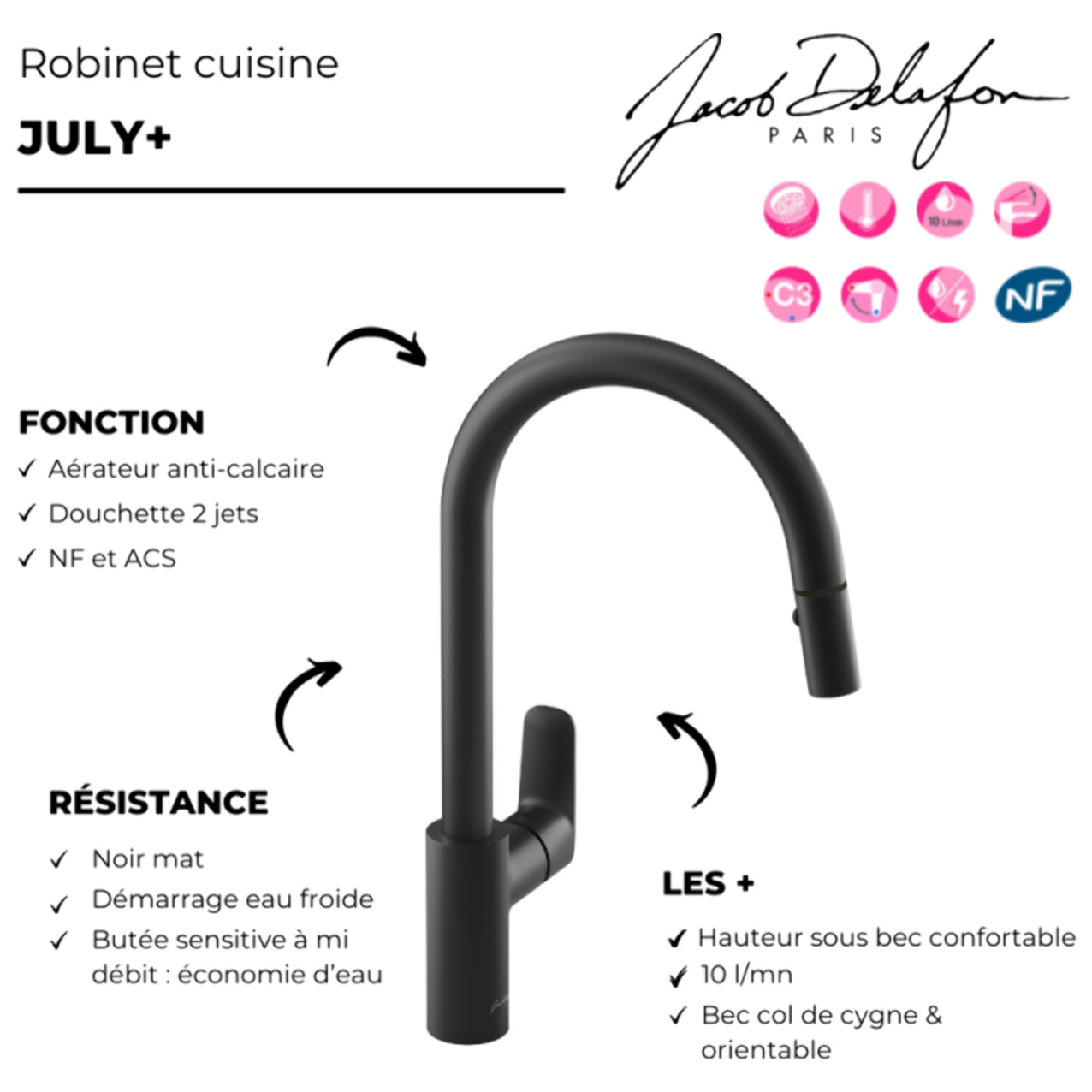 Robinet cuisine avec douchette extractible July+ noir mat