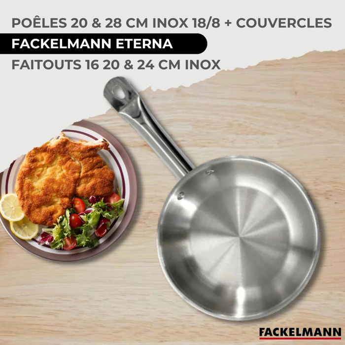 Set 2 poêles 20 28 cm en inox et 2 couvercles verre, 3 faitouts inox 16, 20 et 24 cm Fackelmann Eterna
