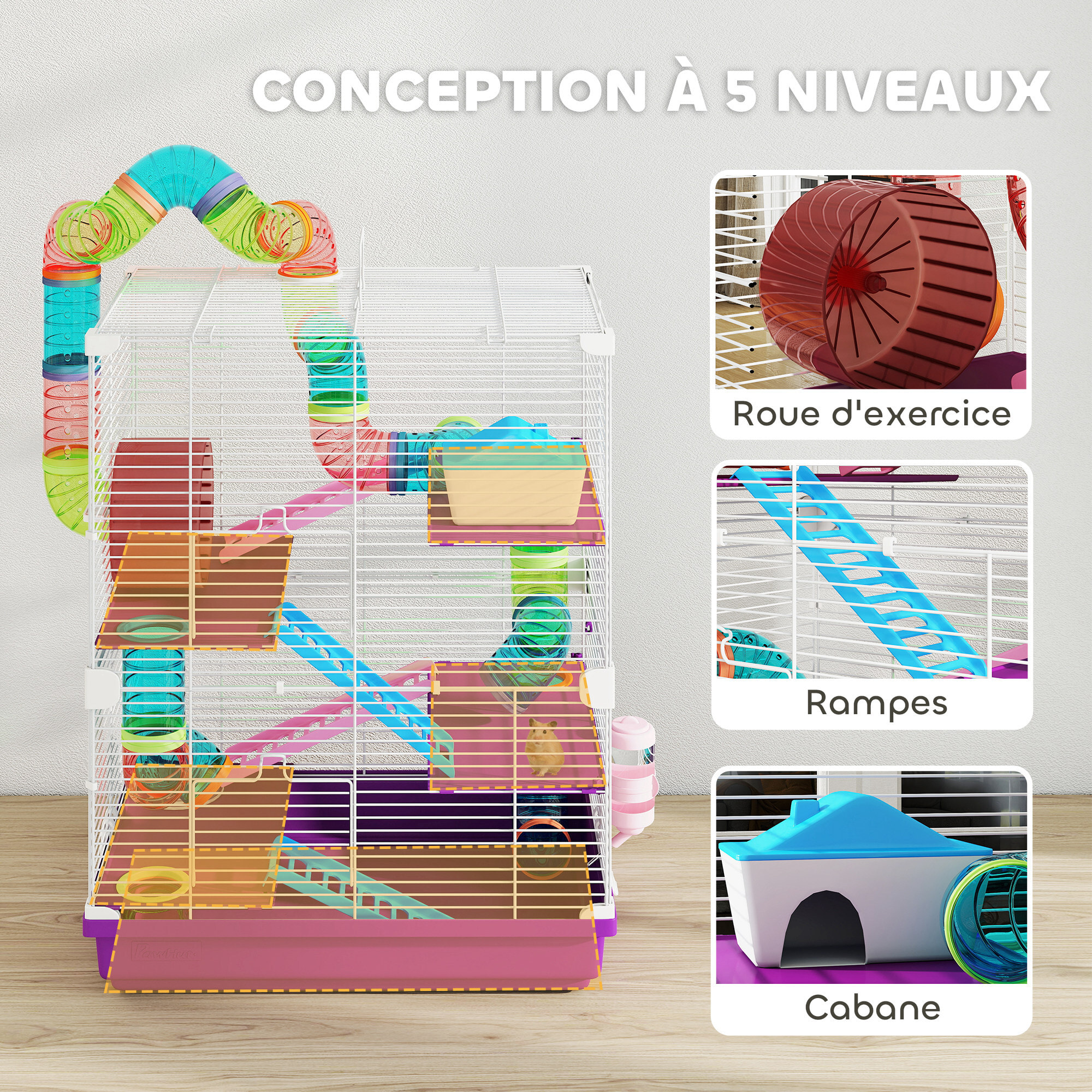 Cage pour hamster souris rongeur 4 étages avec tunnels mangeoire roue maison échelles dim. 46L x 30l x 58H cm violet