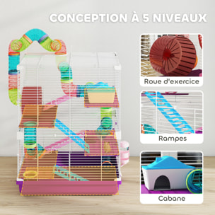 Cage pour hamster souris rongeur 4 étages avec tunnels mangeoire roue maison échelles dim. 46L x 30l x 58H cm violet
