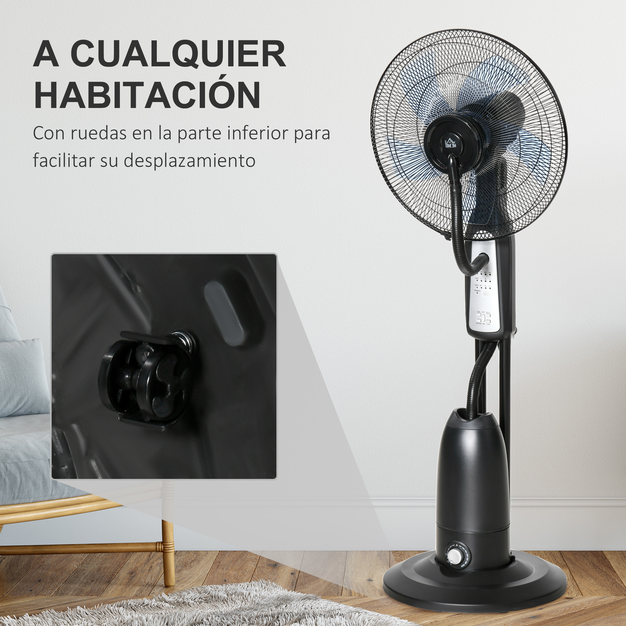 Ventilador Nebulizador Ventilador con Agua Oscilante 90W con Control Remoto 3 Modos 3 Velocidades Temporizador 7,5h y Tanque de Agua 2,8L Ø44,5x120 cm Negro