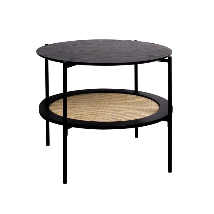 Table basse coloris noir vintage double plateaux effet bois et cannage. piètement et structure en métal noir