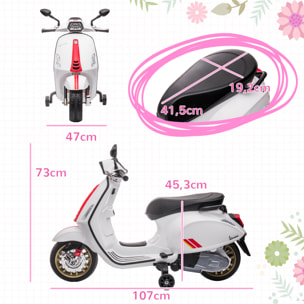 Scooter électrique enfant Vespa 6V - musiques, feu AV, entrée USB, radio FM - 2 roues support aux. - blanc