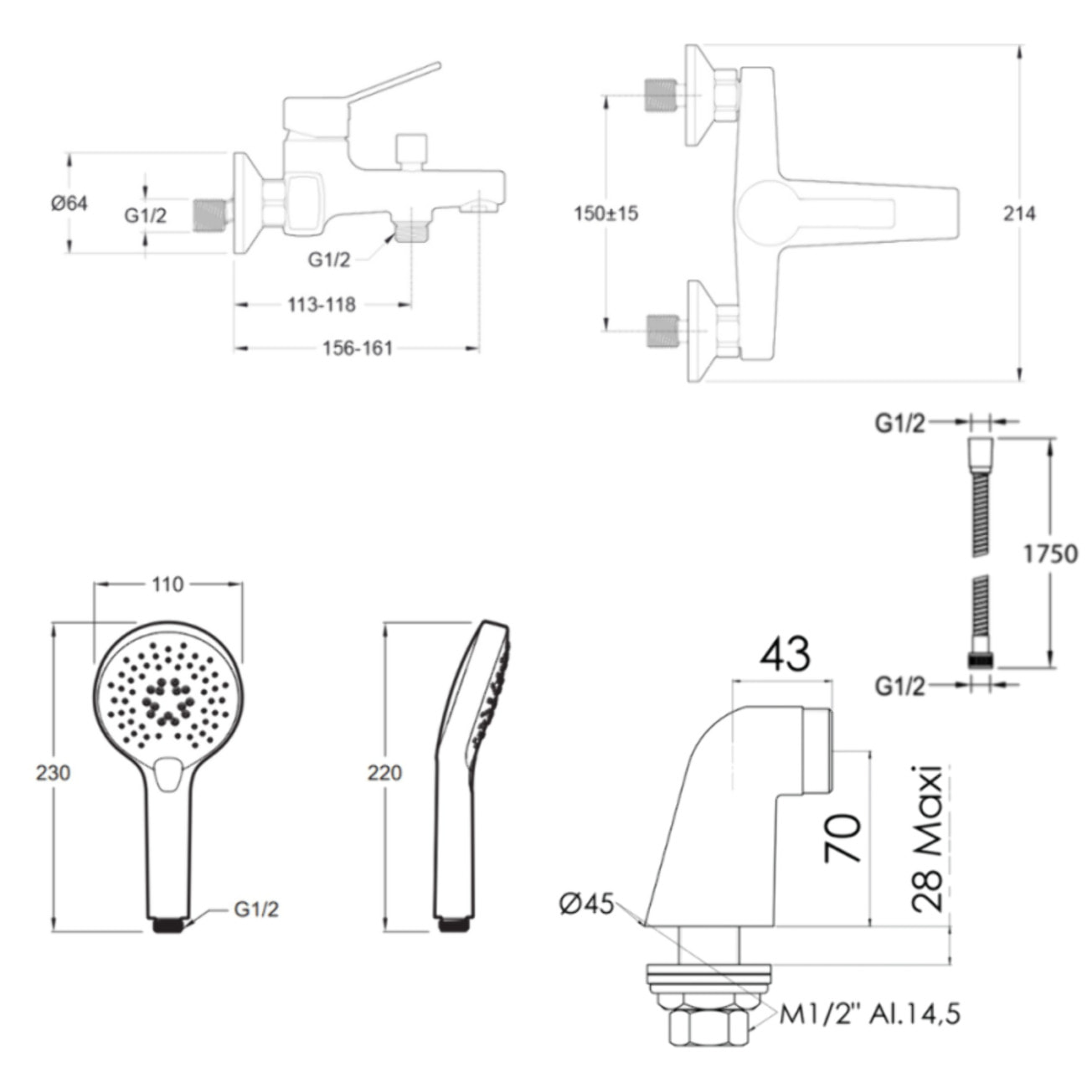 Mitigeur baignoire Eo + pommeau de douche Metro + flexible de douche métal + colonnettes