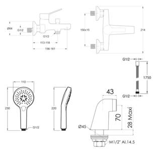 Mitigeur baignoire Eo + pommeau de douche Metro + flexible de douche métal + colonnettes