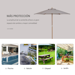 Sombrilla Parasol de Madera Ø250x230 cm para Exterior con 6 Varillas Sistema de Cuerda con Fijación Desmontable Portátil Fácil de Guardar y Transportar Gris