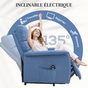 Fauteuil de relaxation électrique télécommande - fauteuil releveur inclinable, repose-pied ajustable - tissu polyester aspect lin bleu