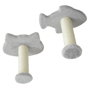 Juego de Estanterías para Gatos de 4 Piezas Rascador de Pared para Gatos con 2 Postes de Sisal Plataforma Doble con Escalera Suave y 1 Plataforma para Saltar Gris Claro