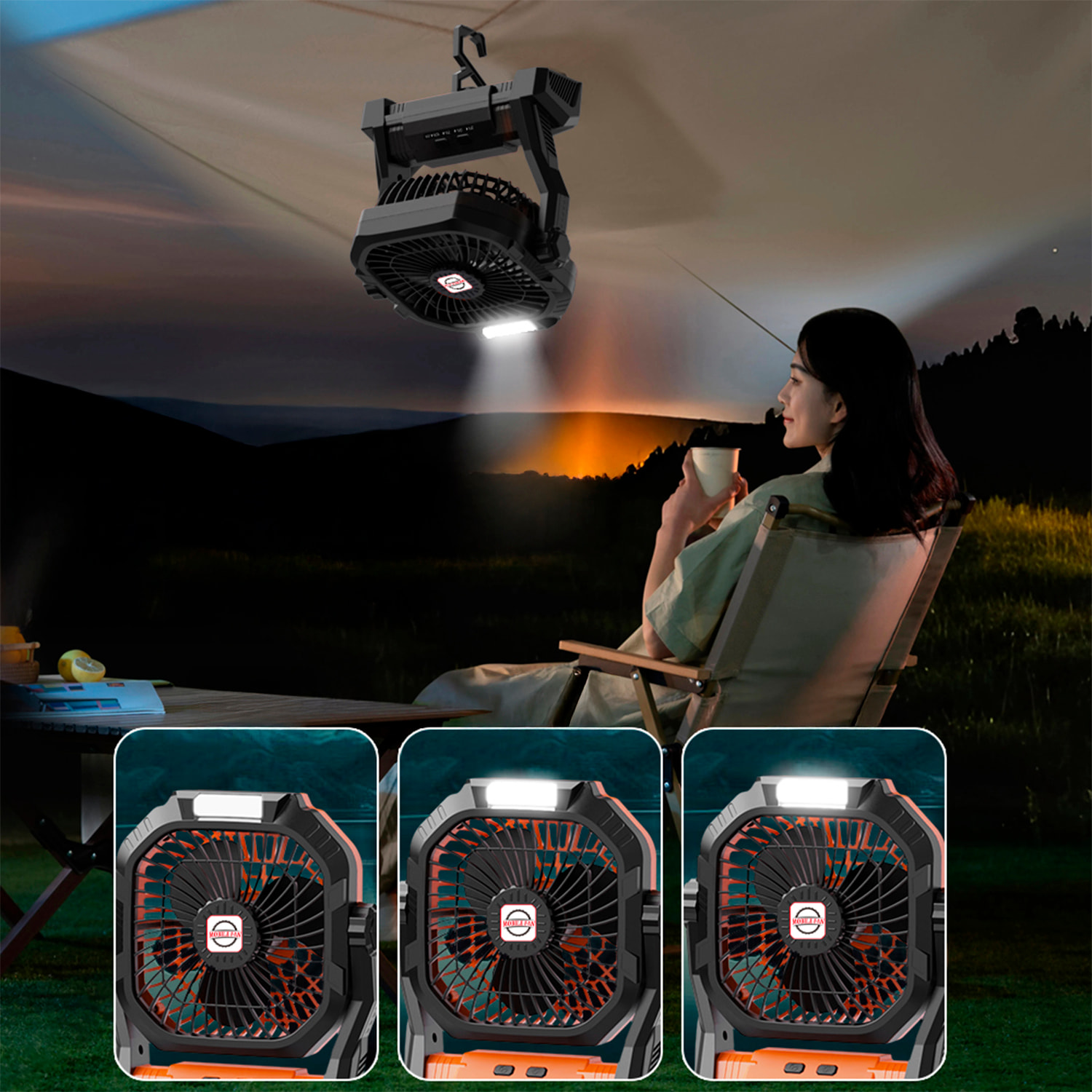 Ventilador P50 con motor sin escobillas, LED con 8 luces, 4 velocidades, 3 niveles de luz. Ángulo ajustable de 180º, gancho para colgar y powerbank de 7800 mAh.