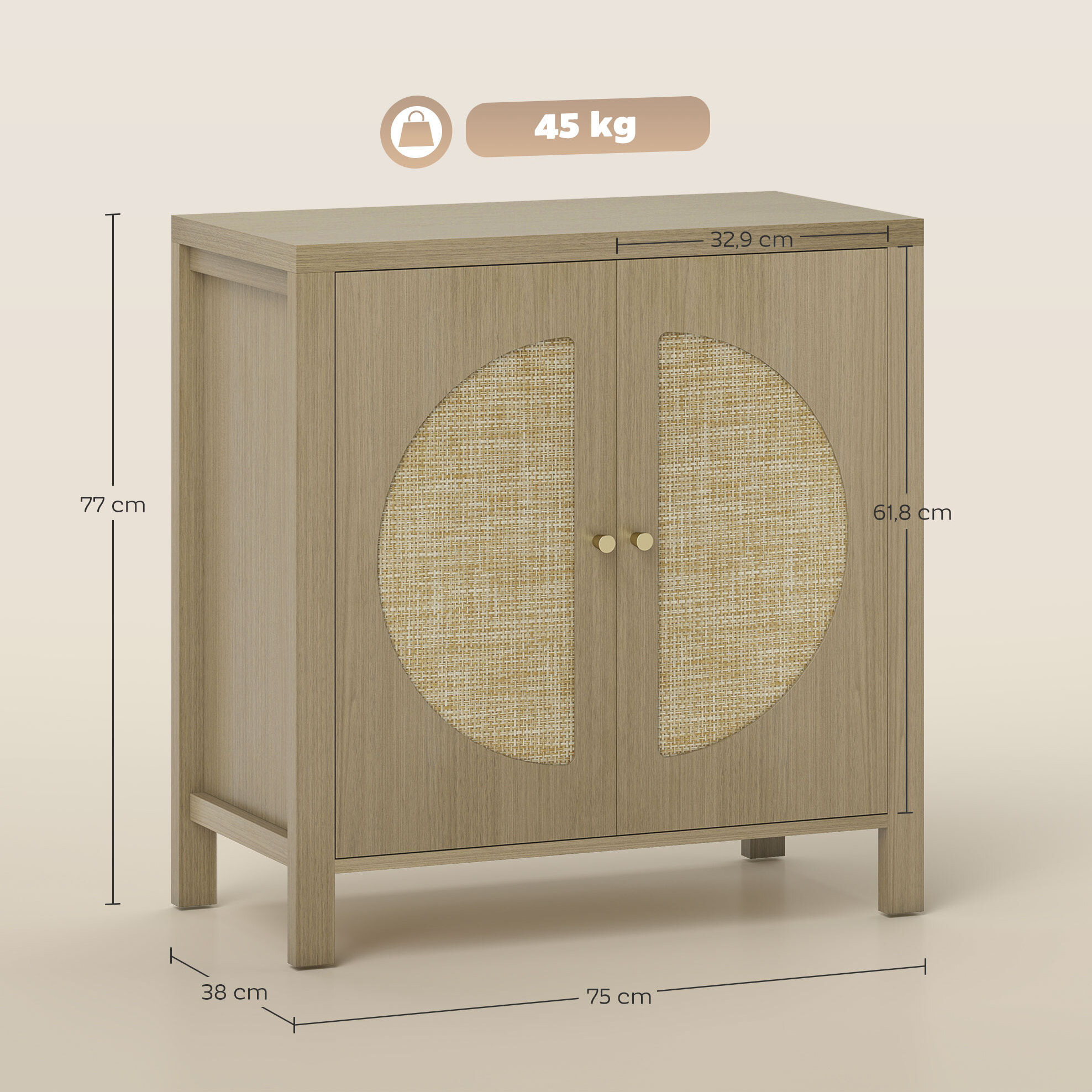 Aparador de Cocina con 2 Puertas de Ratán Sintético, Mueble Auxiliar de Cocina con Estante Ajustable y 2 Tiradores, Mueble de Buffet para Comedor, Salón, 75x38x77 cm, Madera Natural