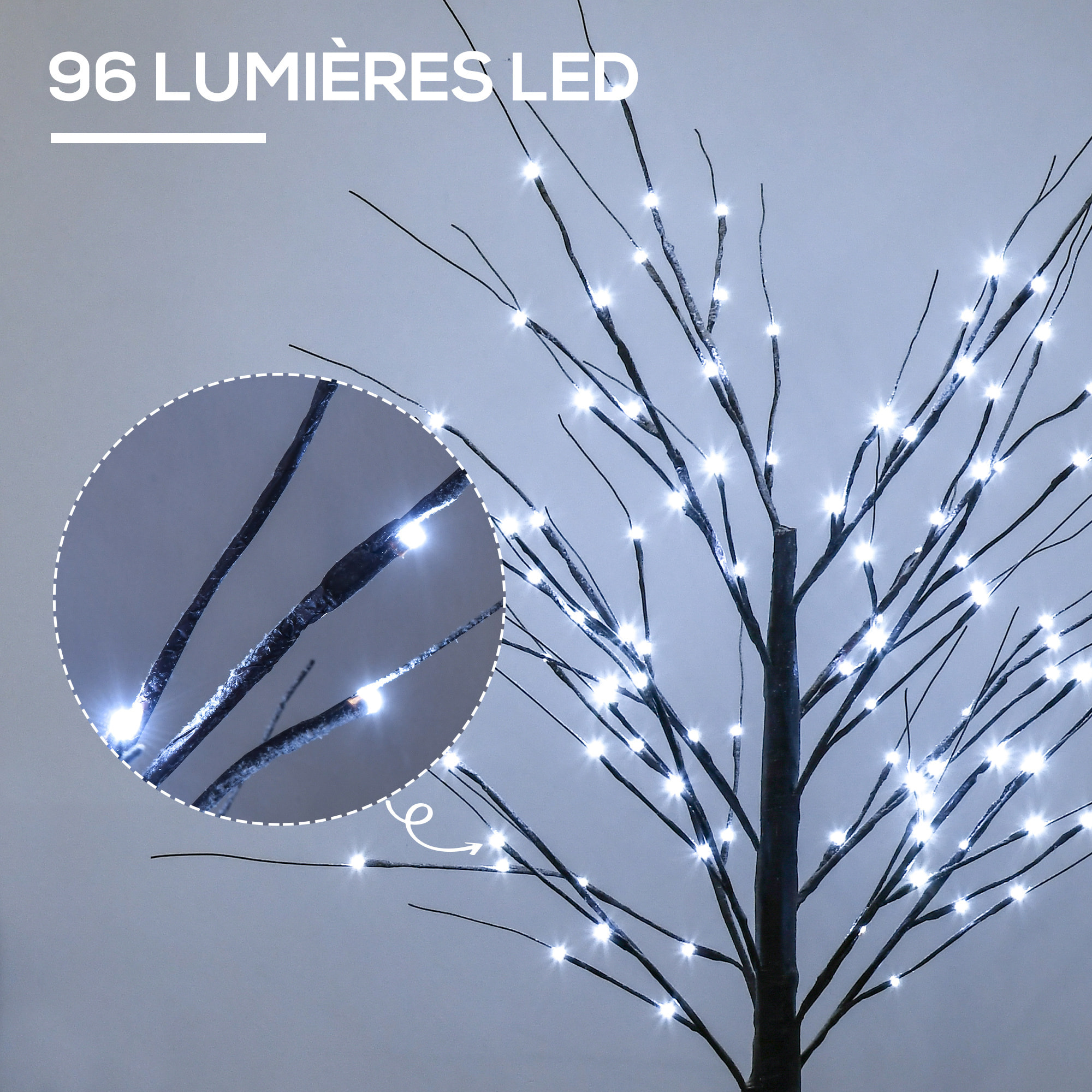 Arbre lumineux LED aspect enneigé - décoration lumineuse - 96 LEDS blanc froid - norme IP 44 - usage intérieur/extérieur - 1,5H m - métal PP brun