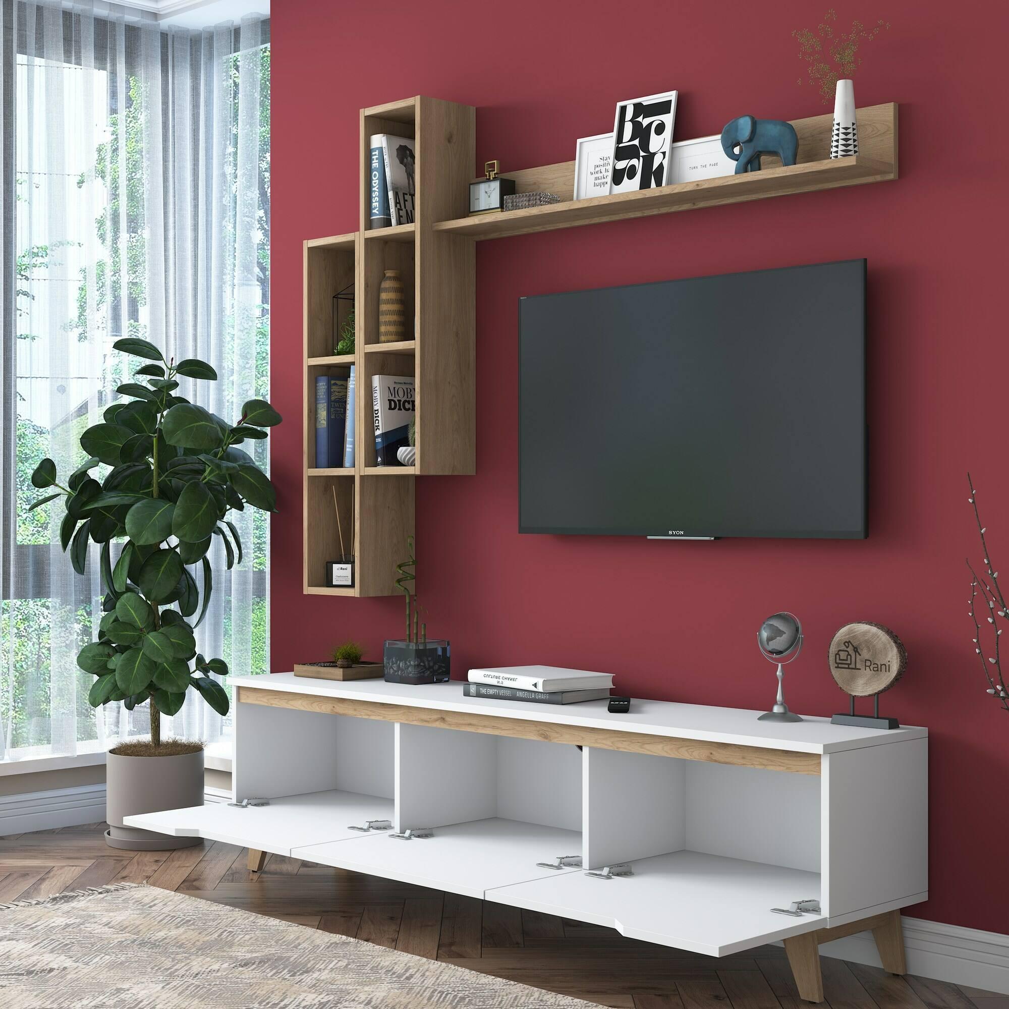 Parete attrezzata Dleonard, Composizione soggiorno, Mobile salotto multiuso, Armadio porta TV, 180x35h49 cm, Bianco e Rovere