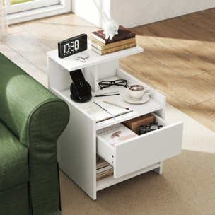 Mesita de Noche con Estación de Carga, Mesilla de Noche Dormitorio con Puertos USB, Cajón y Estantes Abiertos, para Salón, Estudio, 40x40x60 cm, Blanco