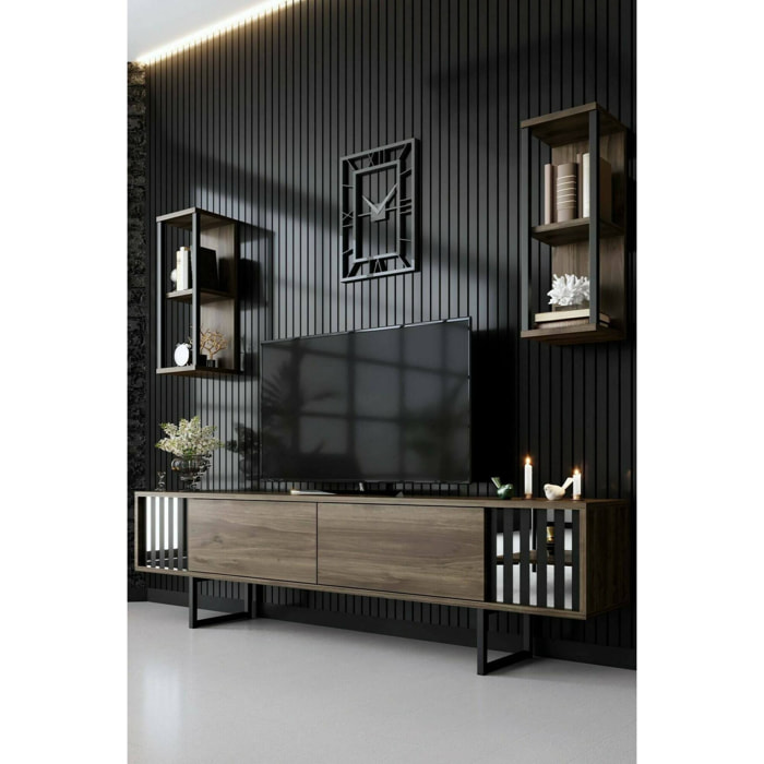 Mobile porta TV Iva, Credenza da soggiorno, Armadio basso per TV, Base parete attrezzata, 180x30h48 cm, Noce e Nero