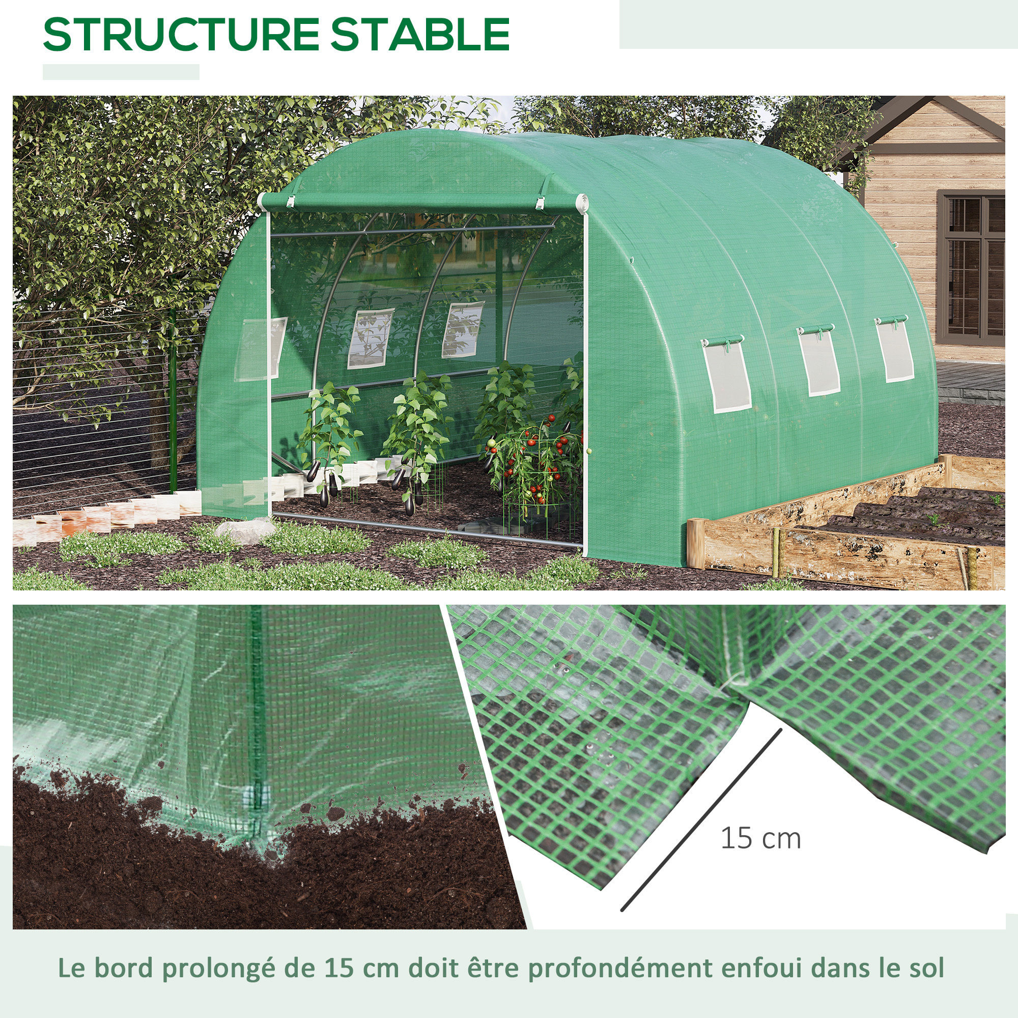 Serre tunnel 9 m² dim. 3 x 3 x 2 m - porte enroulable zippée, 6 fenêtres - acier galvanisé PE haute densité vert