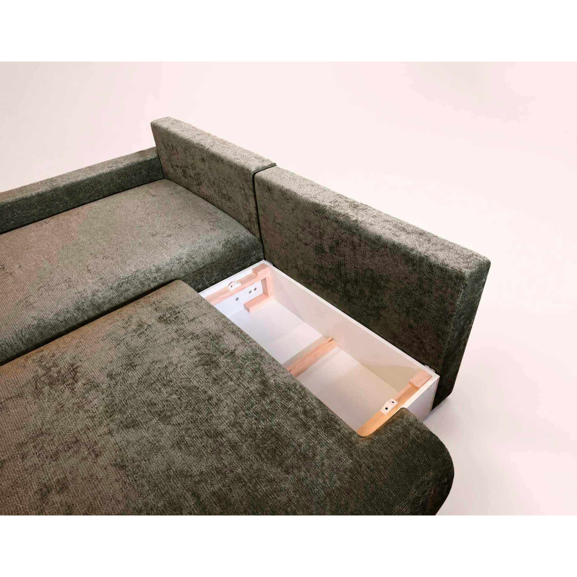 Pivoine - Canapé d'angle ouvert gauche 4 places convertible avec coffre en tissu texturé - Vert Kaki