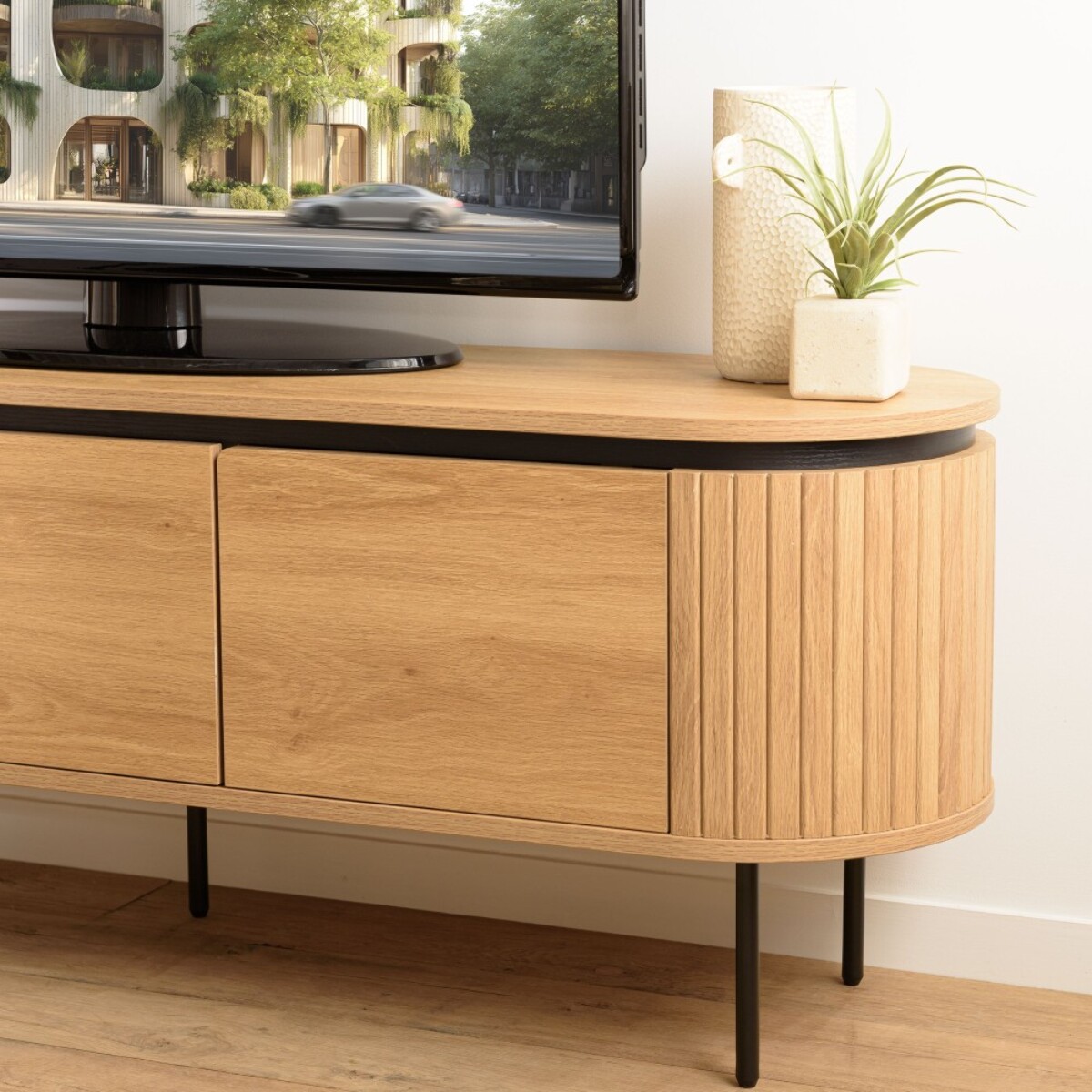 ETHAN - Meuble TV arrondi couleur naturelle 3 portes
