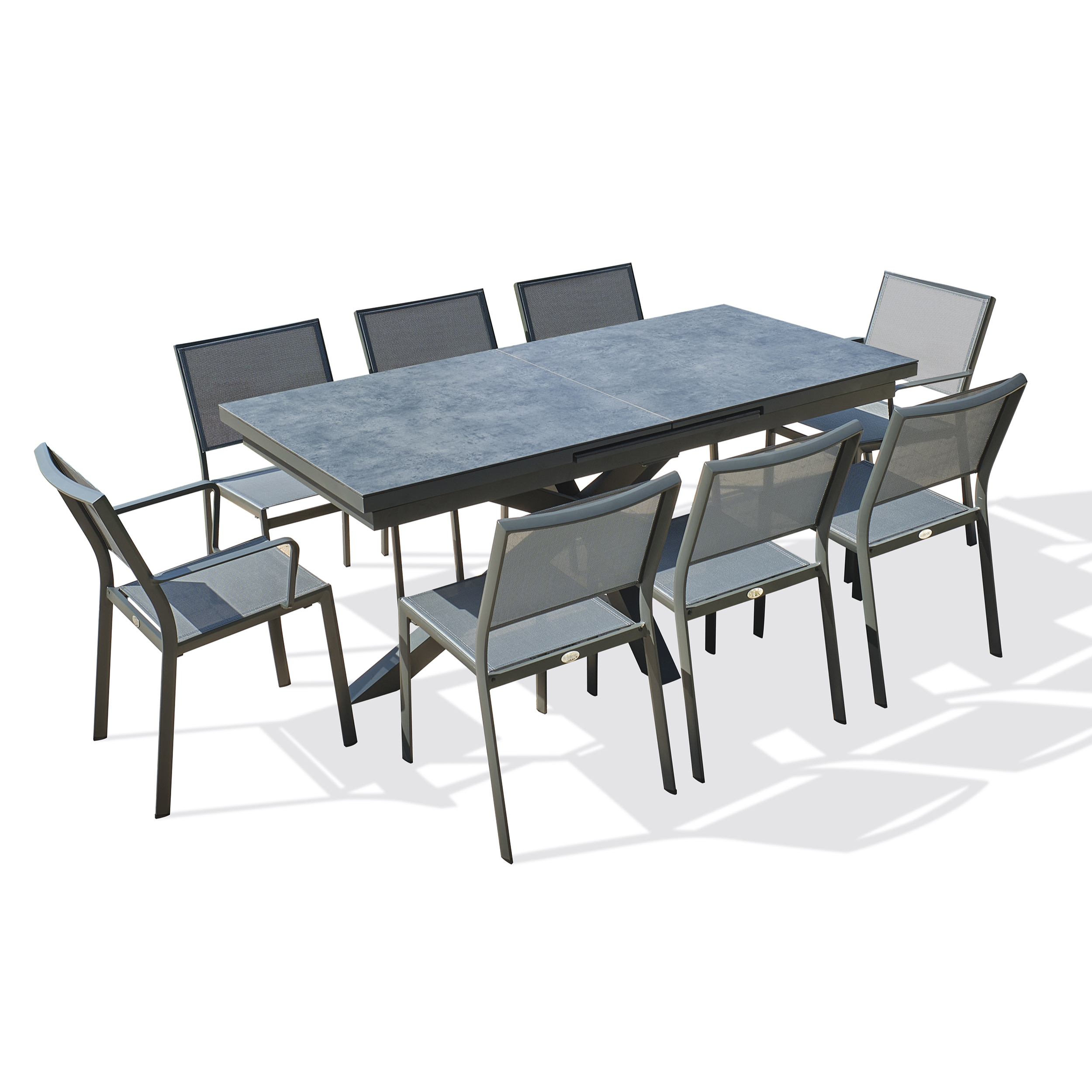 CAICOS - Ensemble repas de jardin 8 places en aluminium avec HPL effet marbre