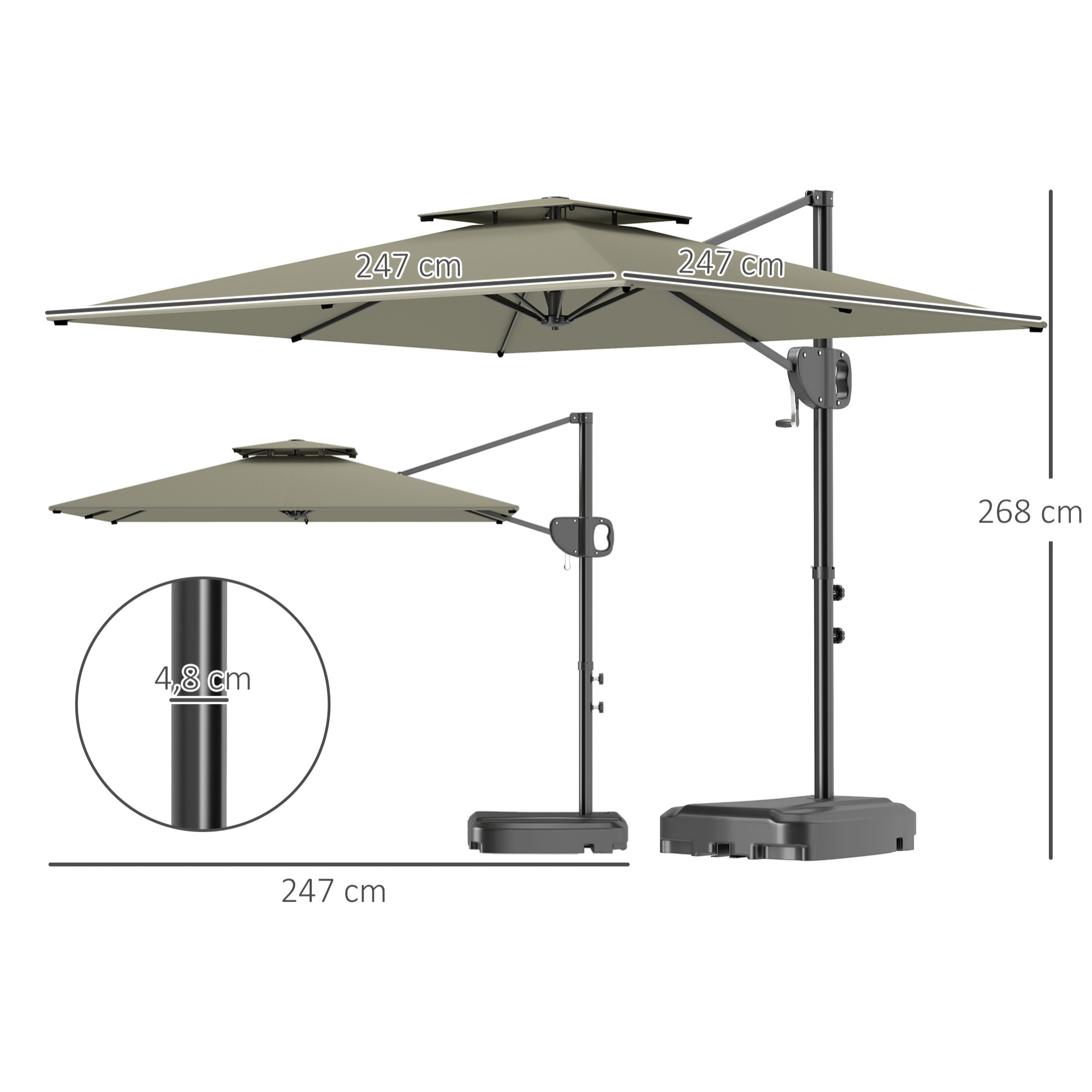 Parasol déporté carré double toit polyester gris clair