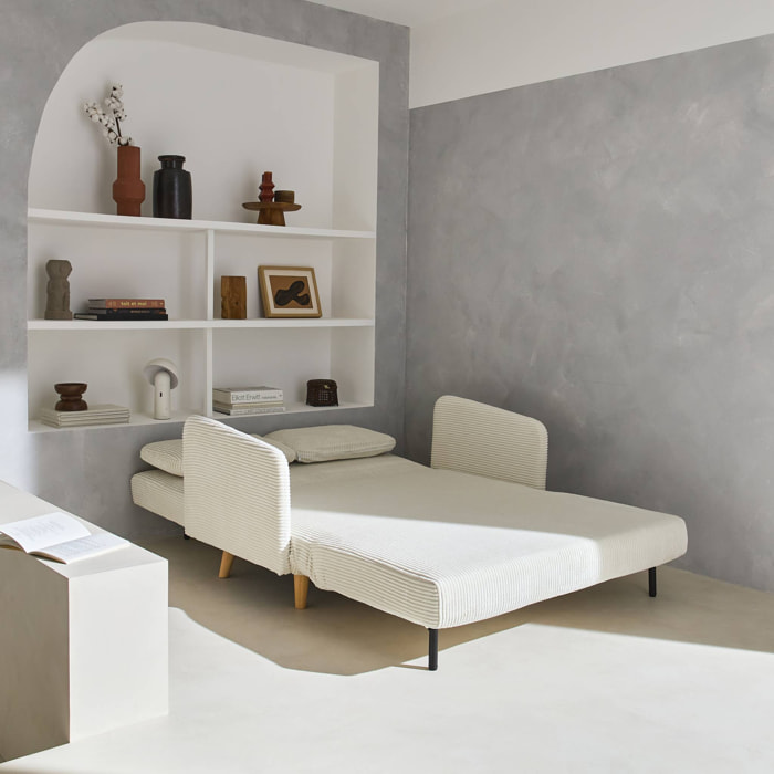 Canapé convertible en velours côtelé - Panam - 2 places scandinave. pieds bois. blanc. banquette. dossier inclinable