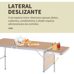 Plegable de Camping Portátil con Ala Abatible Mesa de Picnic de Encimera MDF Estructura Ligera de Aluminio Carga 30kg Altura Ajustable 153x60x39/71 cm