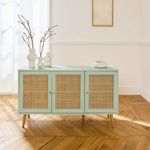 Buffet de rangement en cannage 120x39x70cm  - Bohème - 2 niveaux. 3 portes. pieds scandinaves. buffet bas