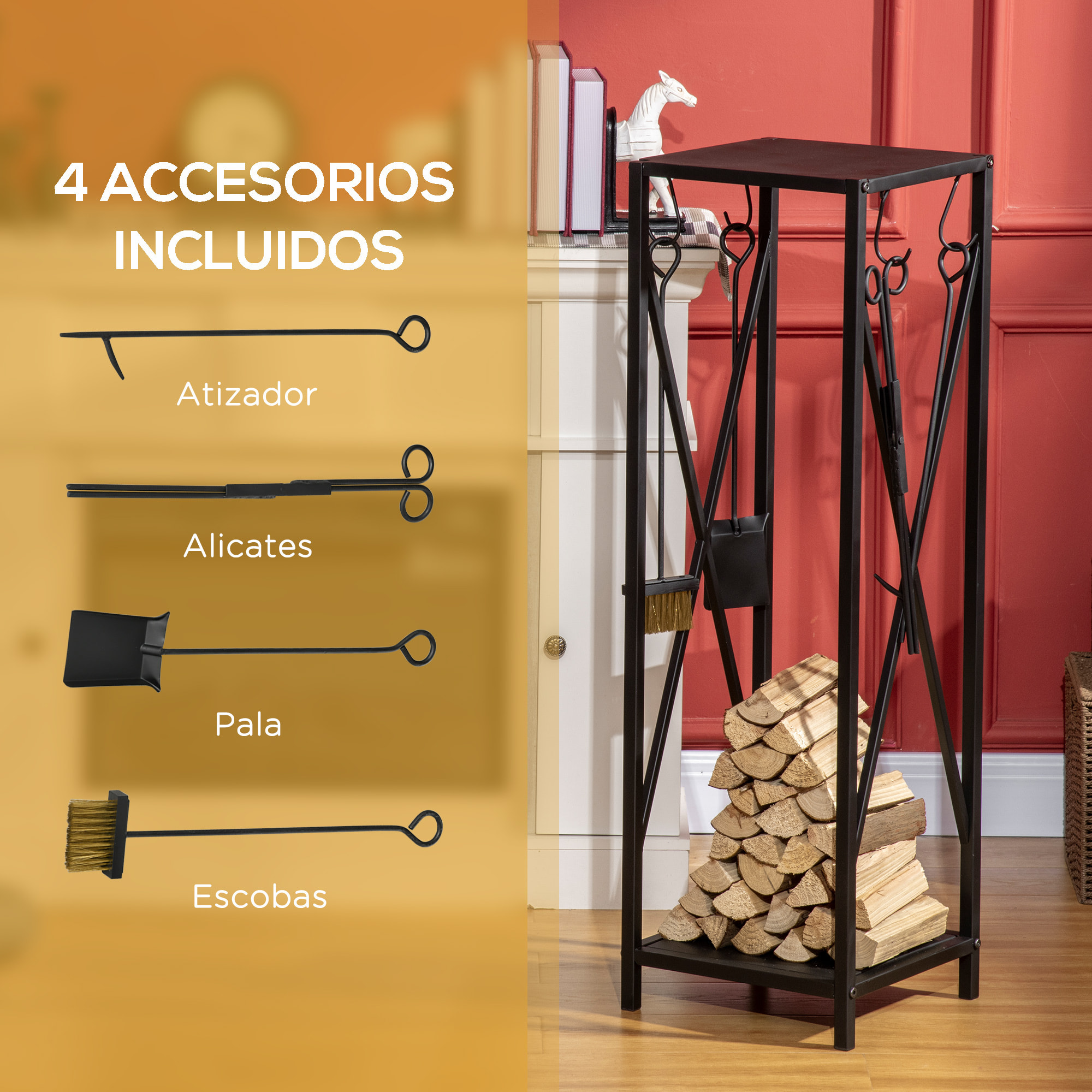 Soporte para Leña Estante de Leña Metálico Leñero de Exterior con Ganchos Pala Cepillo Atizador y Tenazas Carga 65 kg 34x34x111 cm Negro