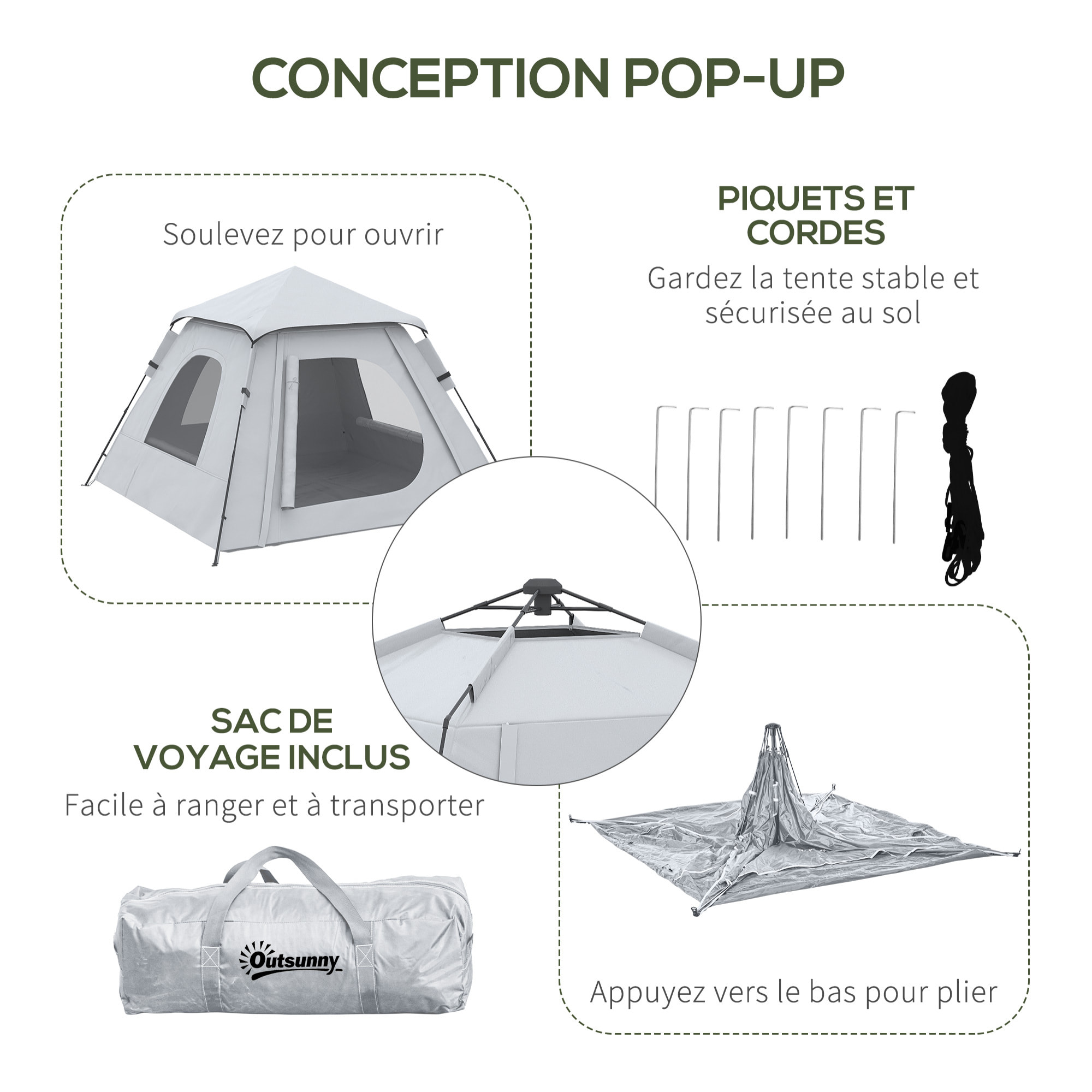 Tente de camping automatique pop up 2-3 pers. - porche, sac de transport - dim. 210L x 210l x 150H cm - gris clair