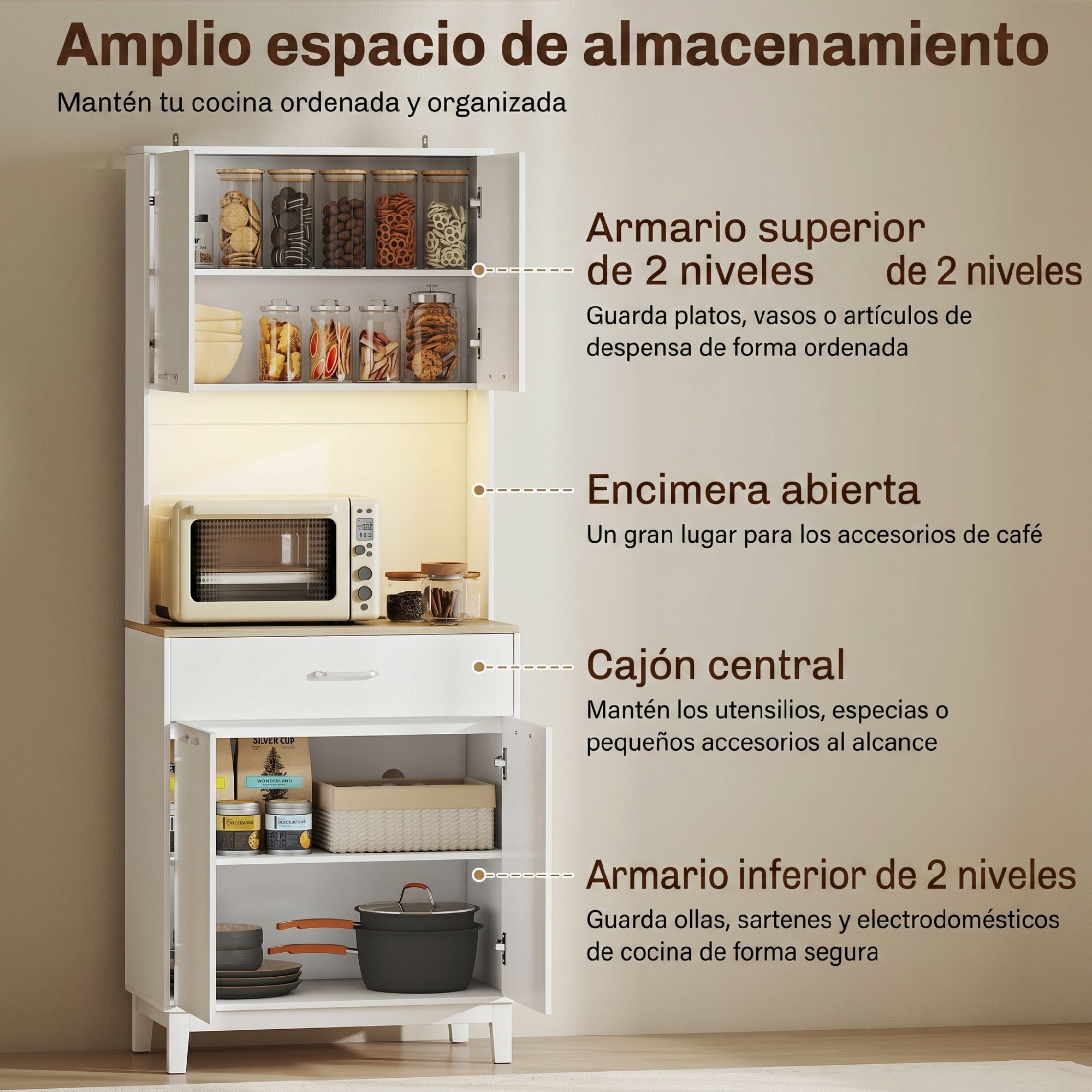 Alacena de Cocina con Luces LED y Estación de Carga, Control por APP, Mueble Auxiliar de Cocina con 4 Puertas, Cajón, Encimera Abierta para Microondas, Estantes Ajustables, 71x40x180 cm, Blanco