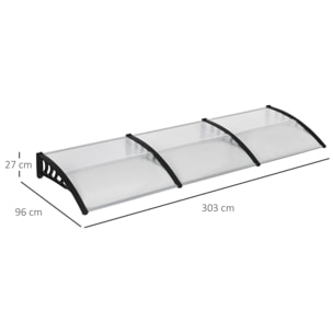 Tejadillo de Protección 303x96 cm Marquesina Exterior para Puertas y Ventanas contra Sol y Lluvia con Soporte de Aleación de Aluminio PP Policarbonato Transparente