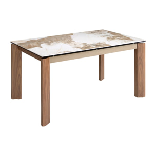 Mesa comedor extensible rectangular con tapa de mármol porcelánico blanco con vetas en tonos tierra en acabado brillo 140x90x76cm