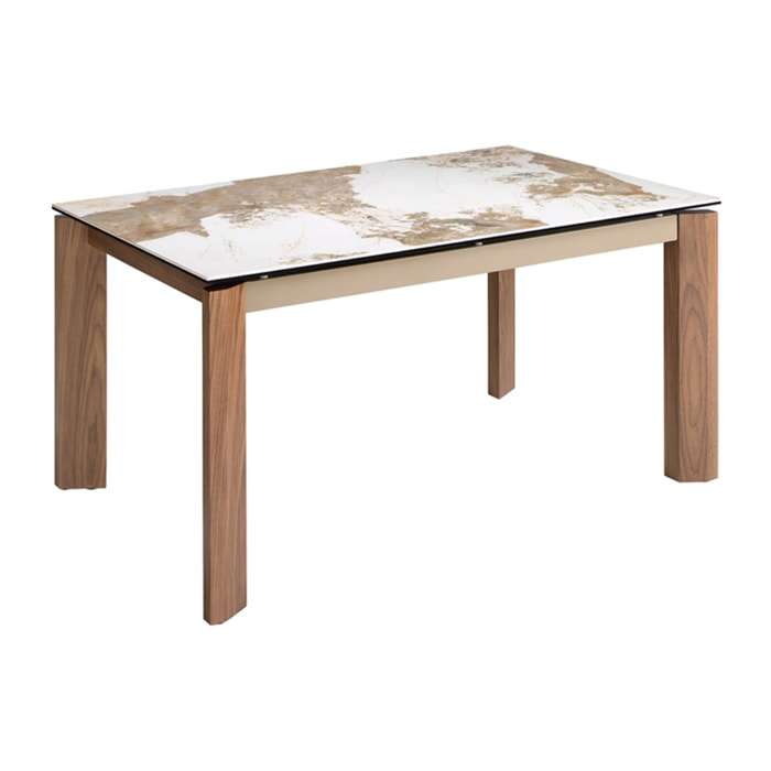 Mesa comedor extensible rectangular con tapa de mármol porcelánico blanco con vetas en tonos tierra en acabado brillo 140x90x76cm