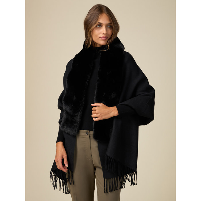 Oltre - Poncho with furry edge - Negro