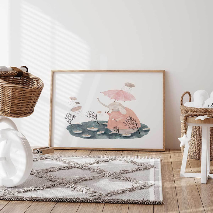 Affiche enfant jour de pluie chez madame éléphant  Affiche + cadre en bois - Chêne