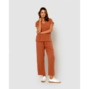 Pantalón largo mujer bambula detalles plisados teja