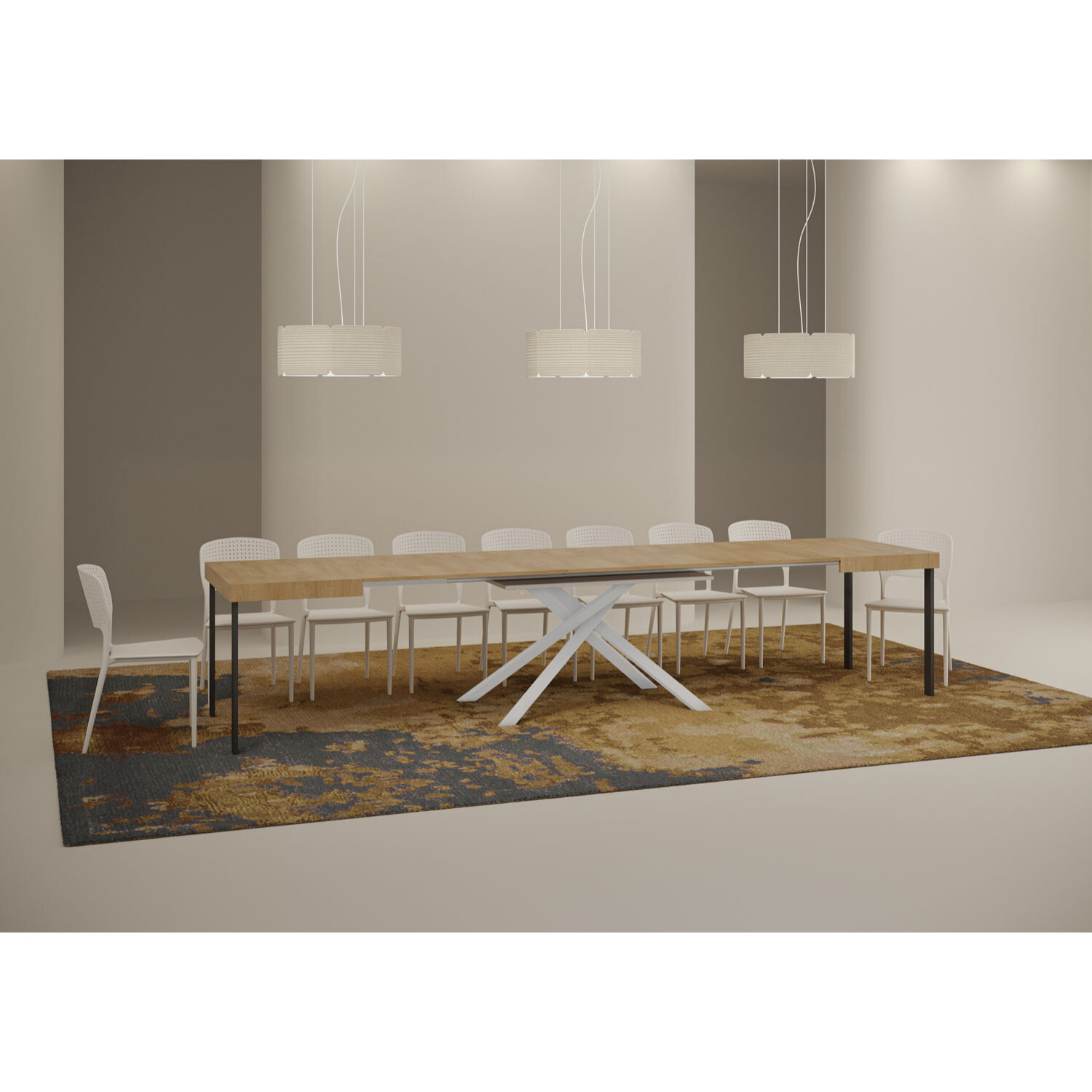 Mesa extensible 90x130/390 cm Karida roble natural patas blanca