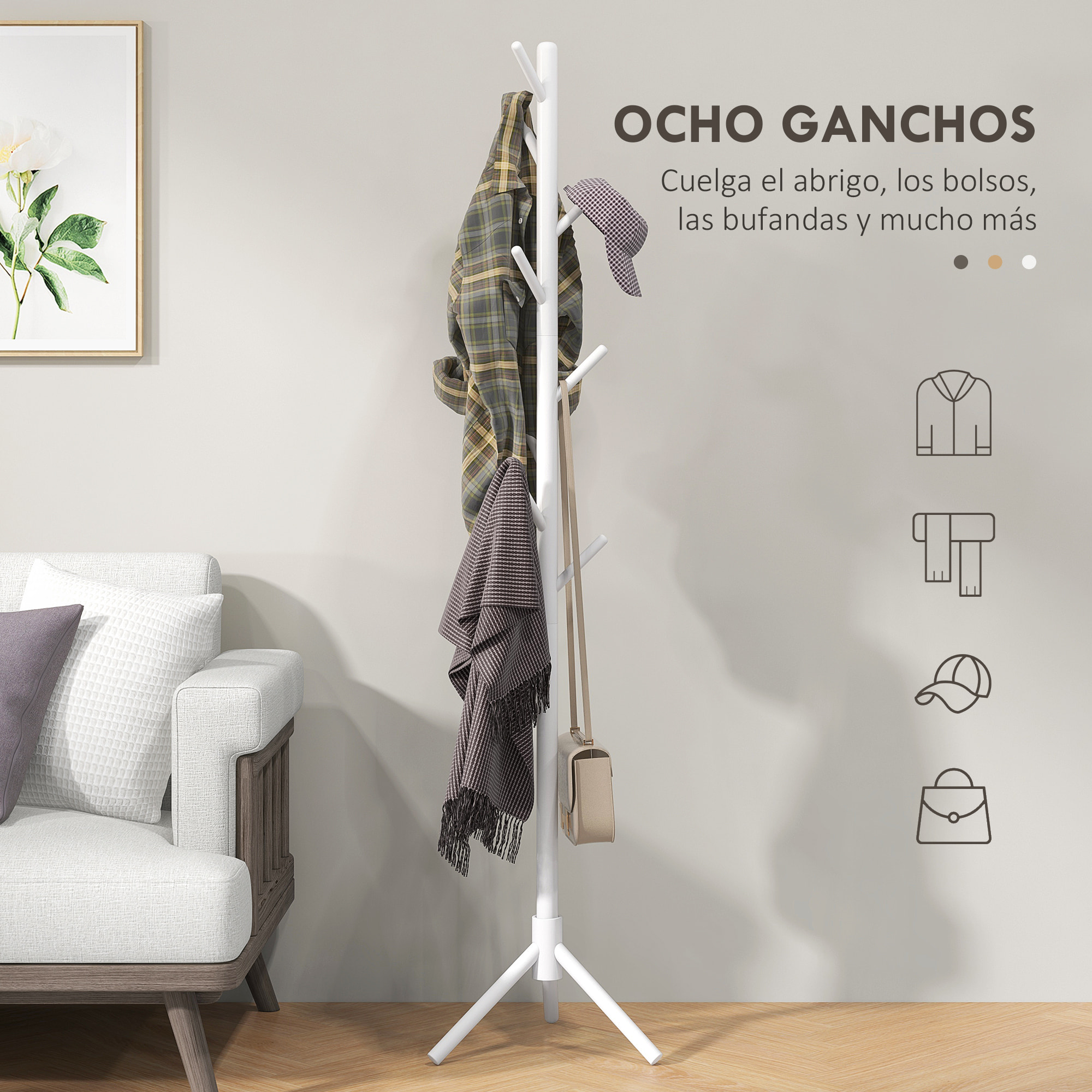 Perchero de Pie Perchero para Ropa de Madera con 8 Ganchos para Colgar Bolsas Forma de Árbol para Pasillo Entrada Dormitorio 40x40x165 cm Blanco