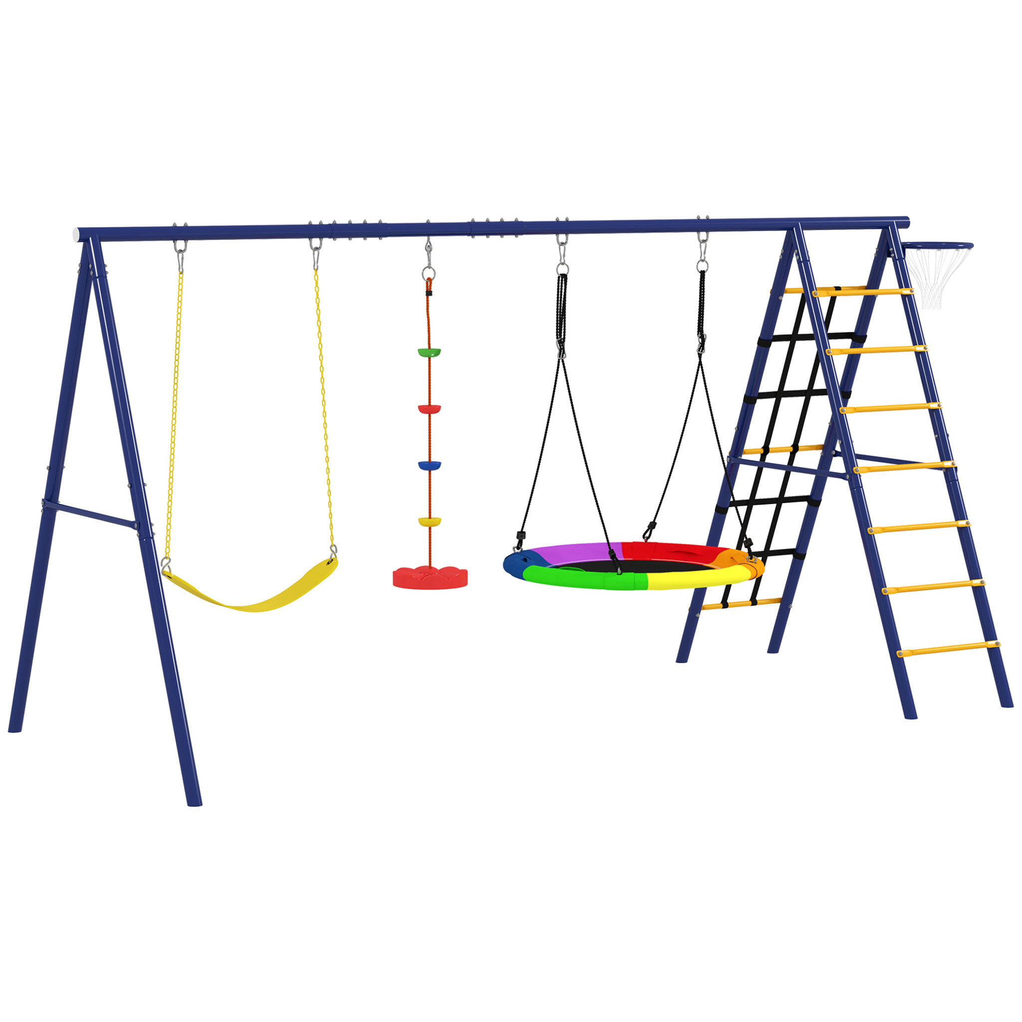 Columpios para Niños de +3 Años 6 en 1 Columpios Jardín Exterior con Columpio Nido Cuerda con Disco Red para Escalar Escalera y Aro de Baloncesto Multicolor